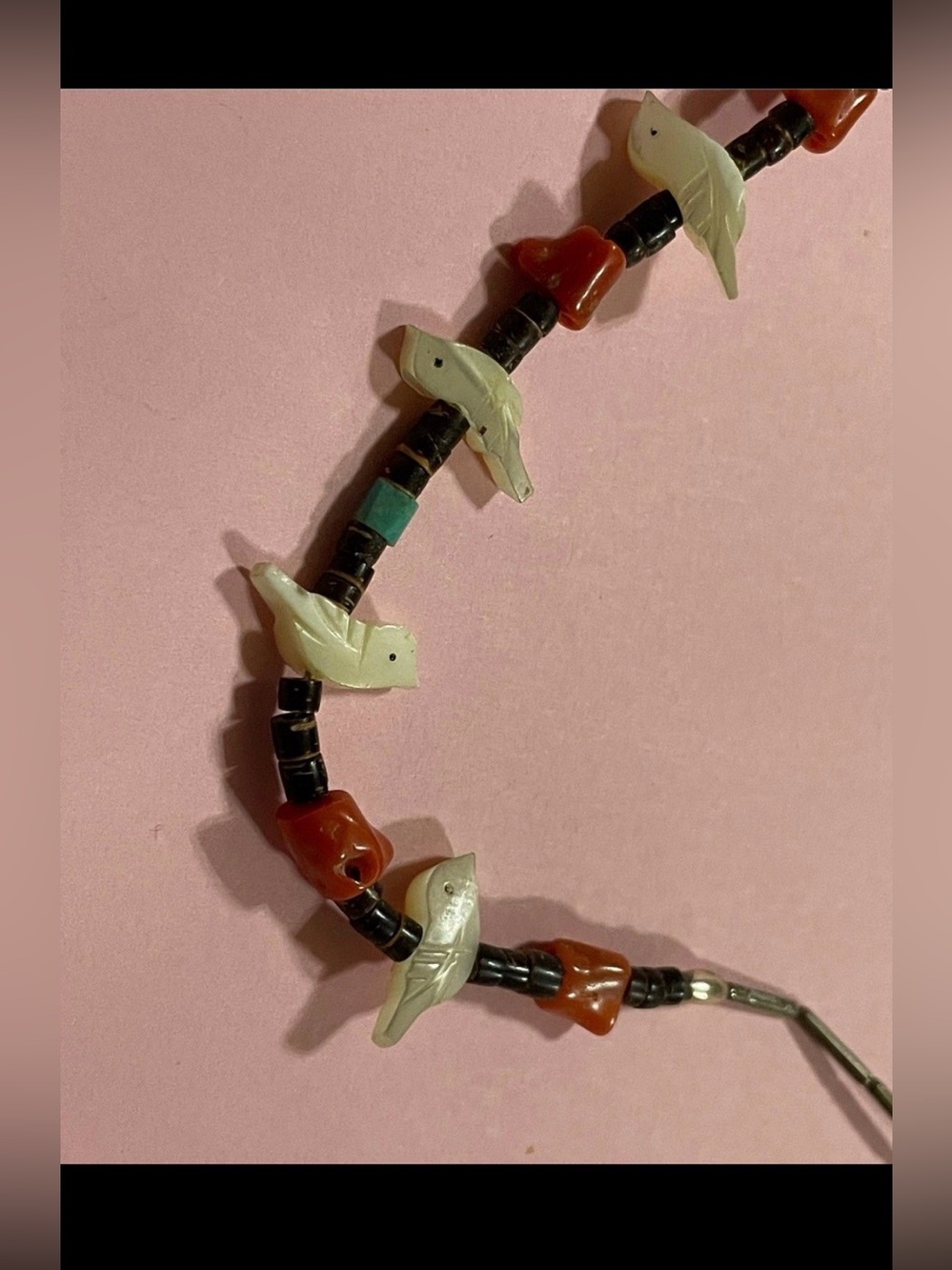 Vintage Native Turquoise Heishi Coral MOP Bird Liquid Silver Necklace #6755 💎 - Picture 2 of 9